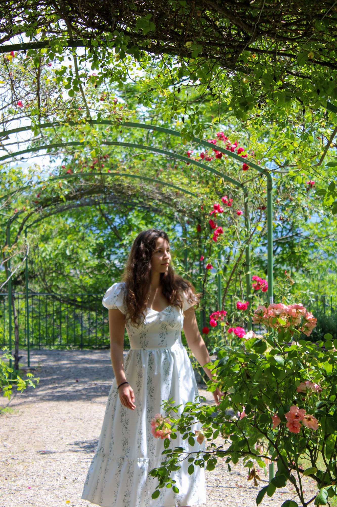 Jeune femme en robe blanche fleurie marchant sous les arches d'une roseraie, entre rosiers roses et rouges, inspiration séance photo mariage à Grenoble